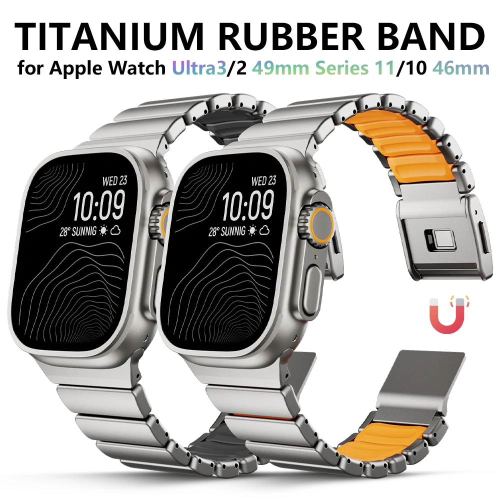 

Titanium Rubber Band for Apple Watch Ultra 3/2 49mm Magnetic Wrist Strap for Iwatch 11 46mm 10 9 8 7 6 5 4 SE3 2 SE 44mm 45mm