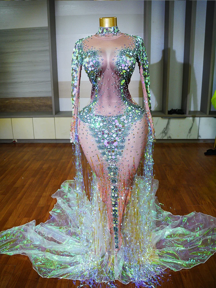 

Designer Sparkling Rhinestone Sequins Party Mermaid Long Dress Women Stretch Nude Crystal Tassel Evening Dress Singer Stage Wear