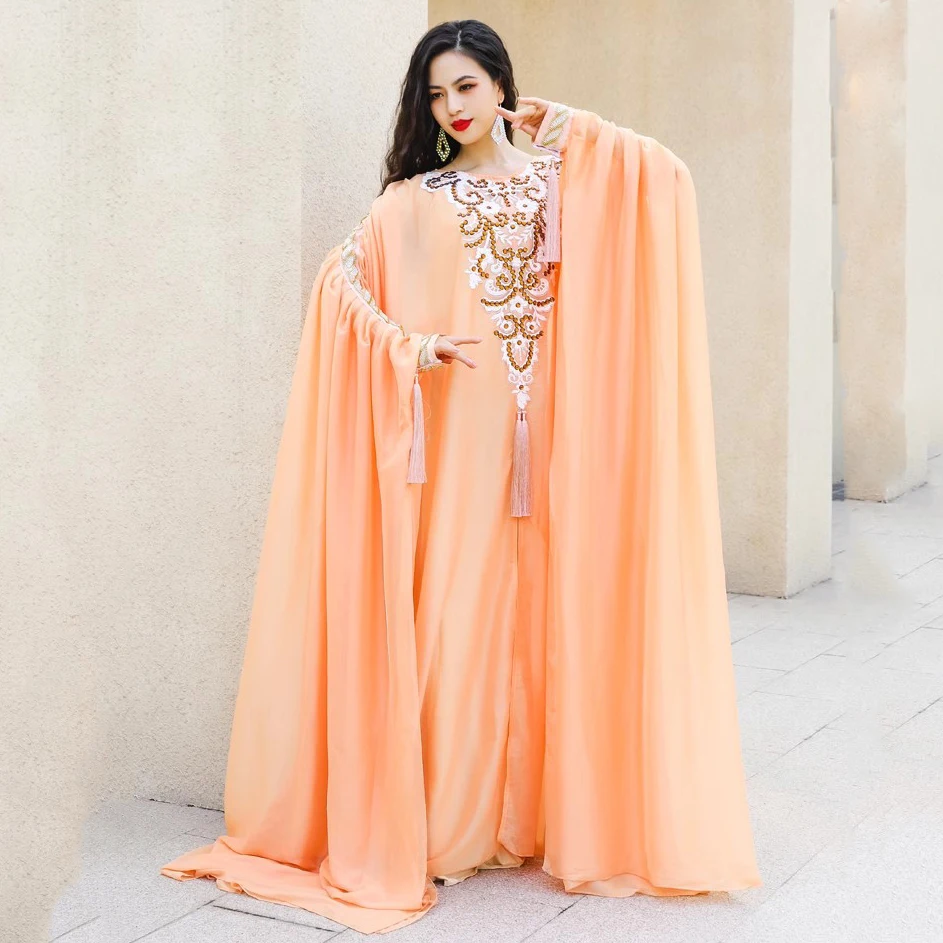 Elegant Traditional Khaleeji Thobe Dress Chiffon Belly Dance Outfit Kaftan Dress Rhinestone Beads Competition Khaleegy Costume