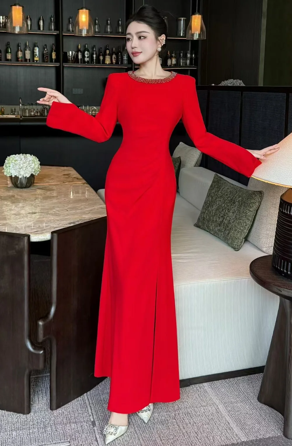 Vestido de noche largo 3XL 2XL 2025 Otoño Invierno mujer hecho a mano con cuentas plisado Patchwork manga larga rojo negro vestido Festival