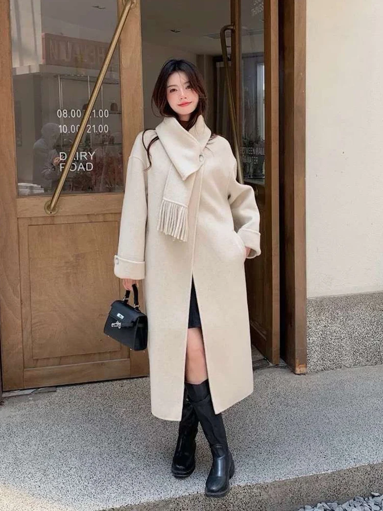 LANMREM Cappotto da donna in lana invernale stile coreano con sciarpa Bottone singolo Tinta unita Abbigliamento lungo caldo Donna Nuovo CPG2172