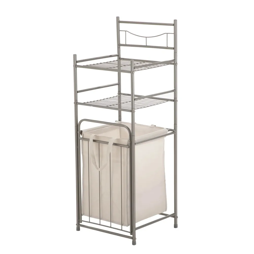 

2-Shelf Steel Storage Shelf Unit with Hamper, Silver, Holds up to 20 lb Capacity
