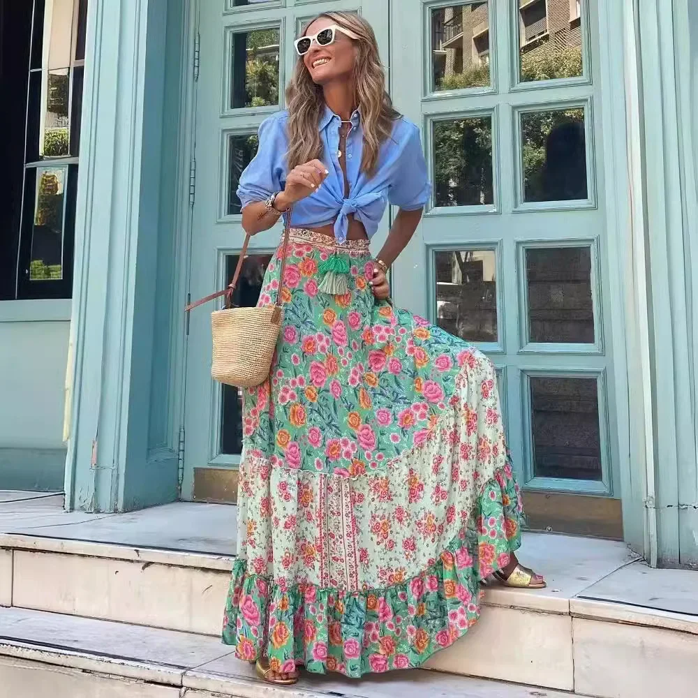 Summer Vintage Long Skirts Women Boho Faldas y2k Print Jupe Femme Loose Casual Beach Maxi Skirt Woman Clothes Bohemian Saia