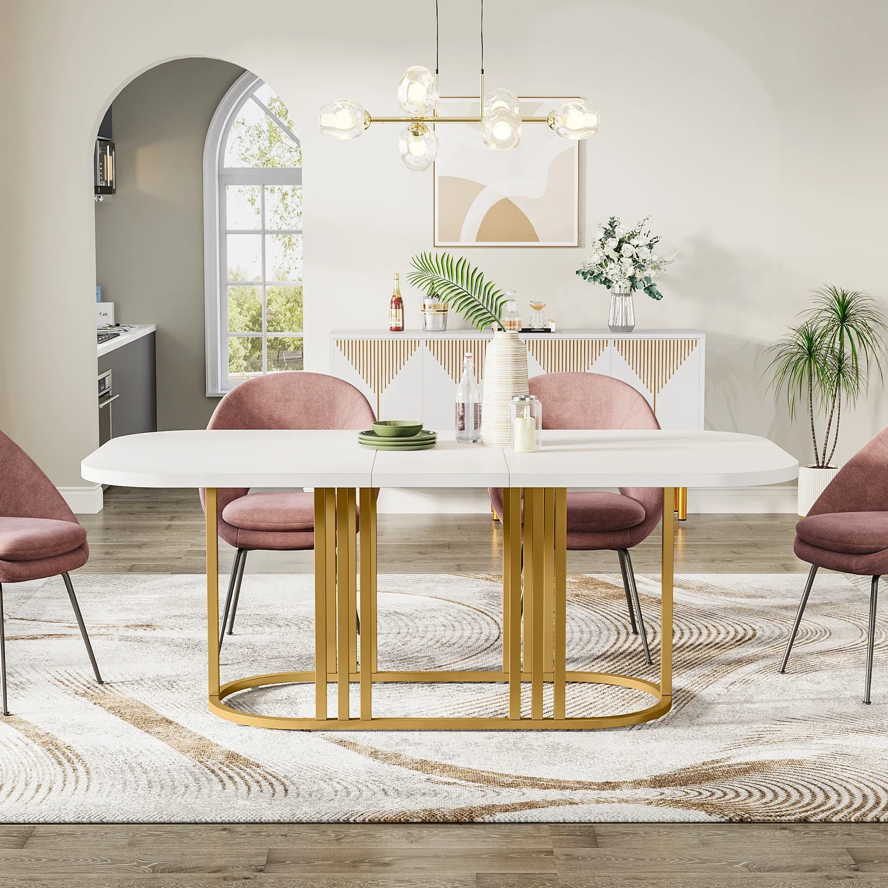 71” Modern White Kitchen Table  for 6, Rectangular Dining Room  with Heavy Duty Oval-Shaped Metal Frame,White/Gold