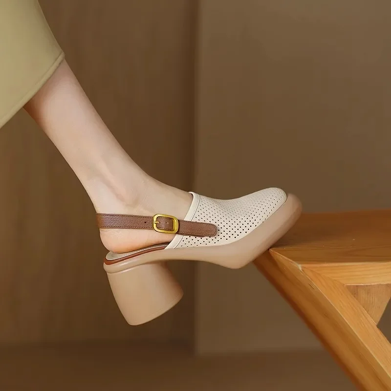 Summer High Heels for Women Retro Style Hollow Closed Toe Thick-soled High-heeled Sandals Female Fashion Slingbacks Roman Pumps