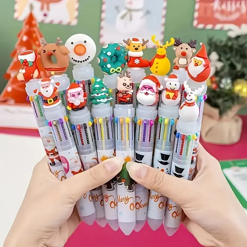 Bolígrafos Multicolor de Navidad, paquete de 18 bolígrafos retráctiles de plástico de punta fina con dijes navideños, bonitos regalos de tintas de 10 colores