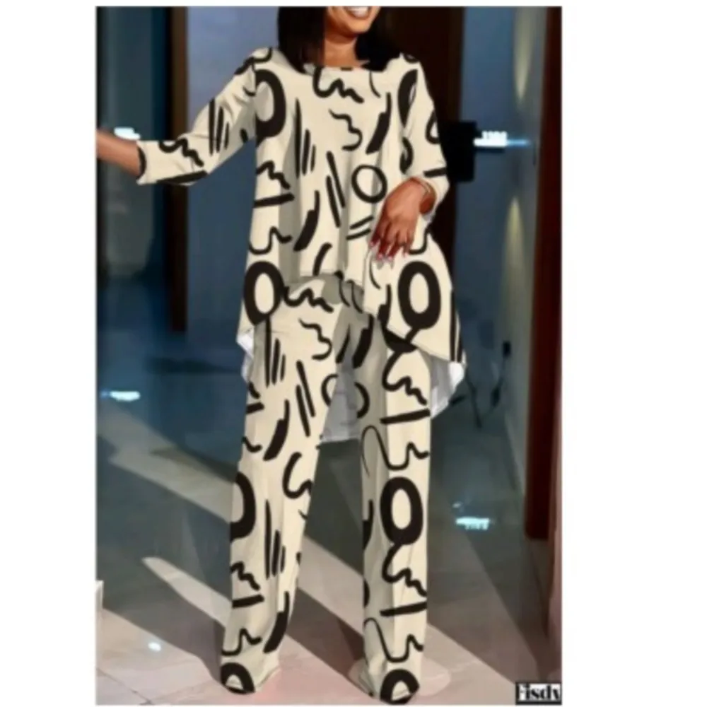 Autum Winter Printed Seven-point Sleeve O Neck Long Top Suit Women Fashion Loose Top Straight Trousers Office 2 Piece Set Female