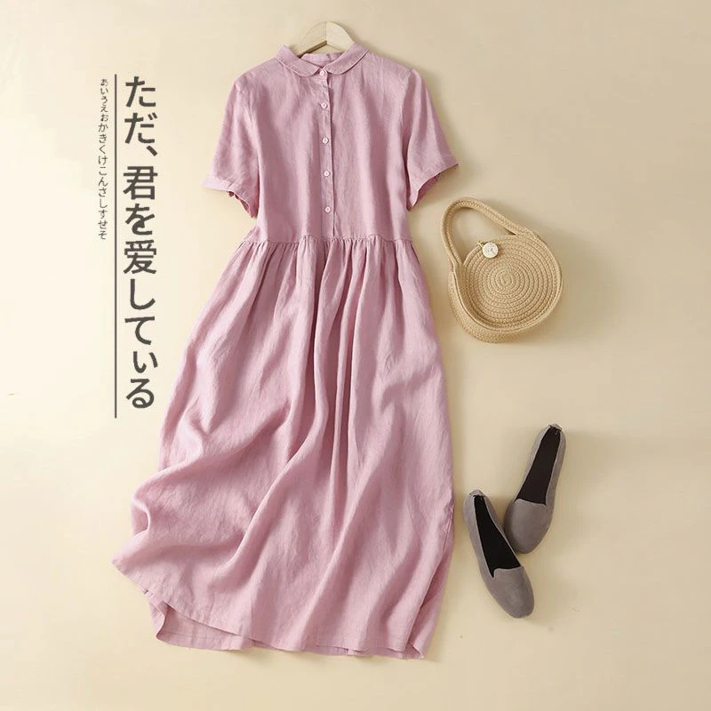 Summer New Ethnic Style Cotton Linen Casual Robe Femme Short Sleeve Loose Fashion Comfortable Vestido Women Solid Color Dress