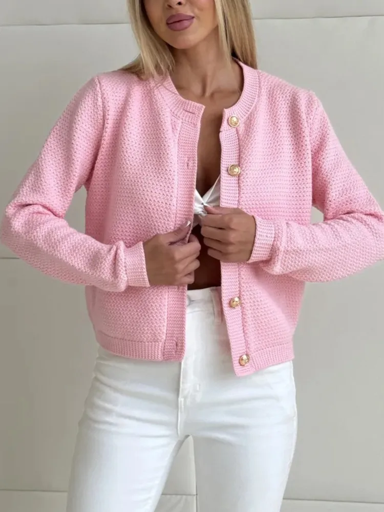 

New Fashion Solid Color Short Knitted Cardigan Round Neck Street Style Women's Autumn Slim Long-sleeved Casual Pullover Sweater