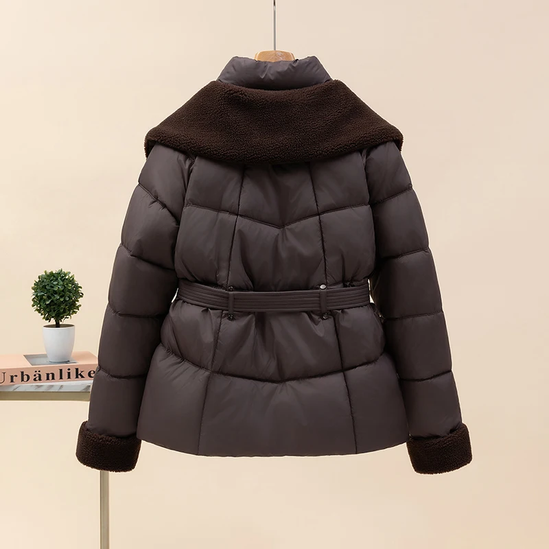 Black Cotton Jacket With Belt Women's Single Breasted Suede Collar Quilted Coat Winter Waist Cinching Thickened Cotton Clothes