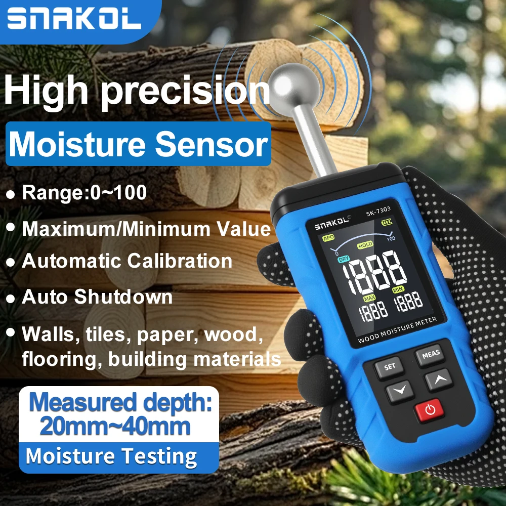 SNAKOL Pinless Moisture Meter with Ball Probe & Color LCD, 0~100%RH Range, Alarm Function for Wood/Walls/Concrete/Masonry/Gypsum
