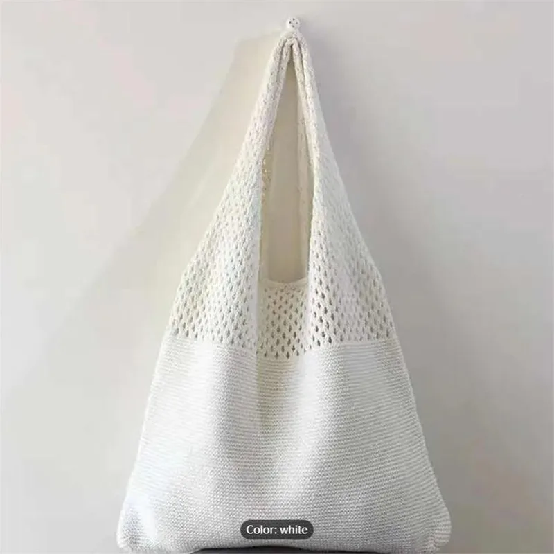 Ästhetische, ausgehöhlte Häkel tasche, Umhängetasche mit großer Kapazität, einfache gestrickte Einkaufstasche für Frauen – Detail 10