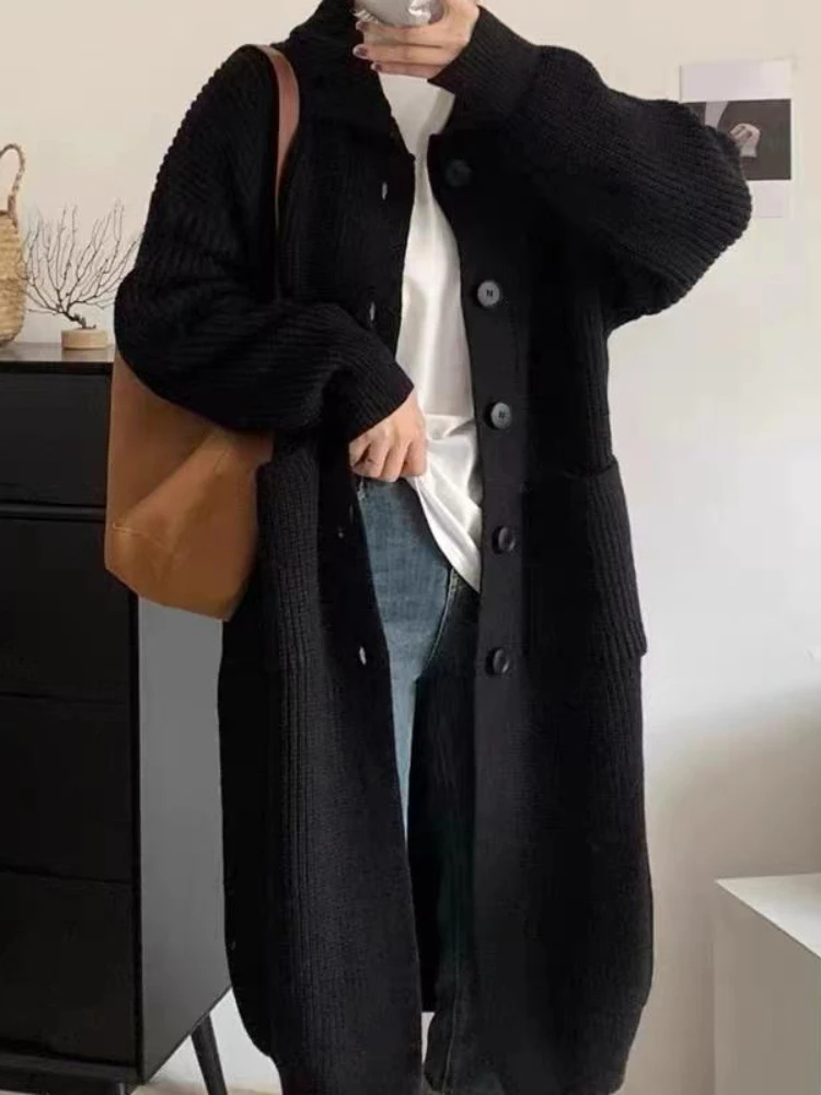 Korean Pleated Trench Coat Women Medium Length Knit Cardigan Loose Slimming High Collar Long Sleeve Single Breasted Windcheater