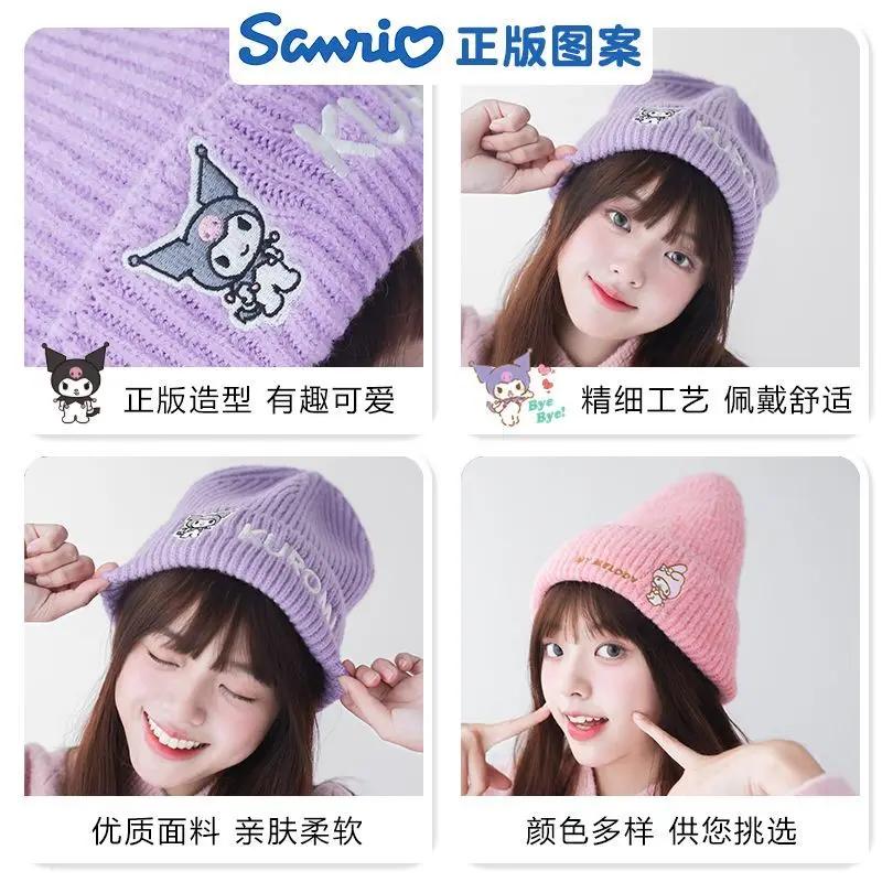 

Sanrios Kuromi Embroidered Knitted Hat My Melody Anime Cartoon Innovative Winter Outdoor Thickened Warm Hat Cute Anime Girl Gift