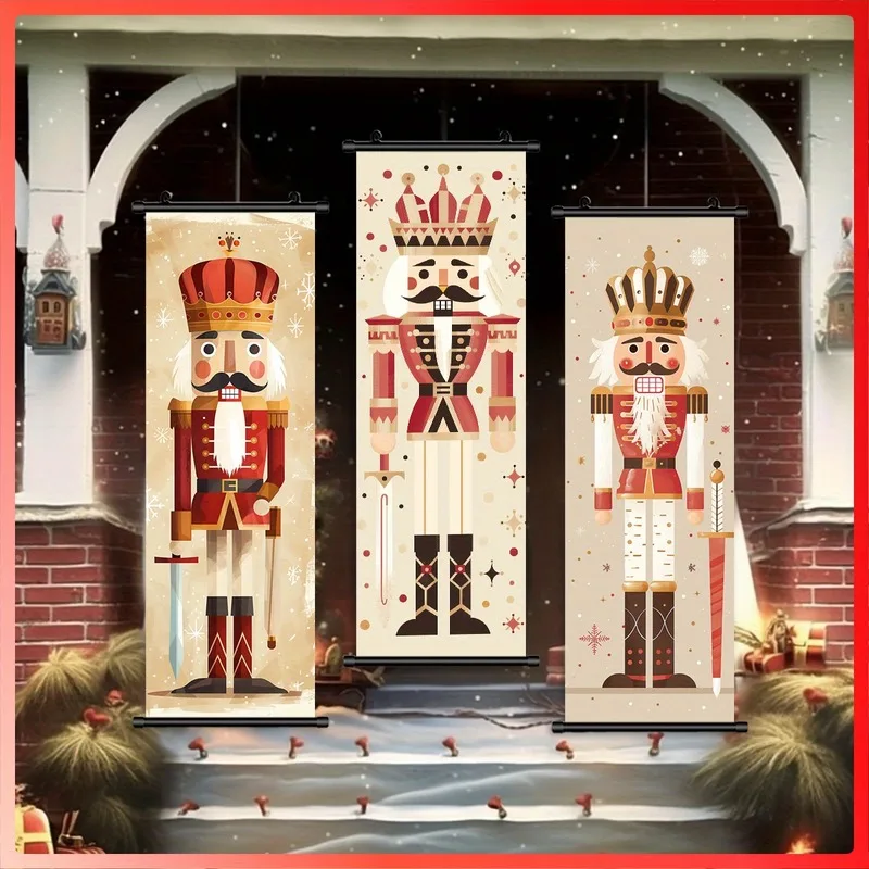 VIKAMA Christmas 3-Piece Door Banner Set, Nutcracker Soldier Doorway Wall Scroll for Xmas Entryway Party Decor