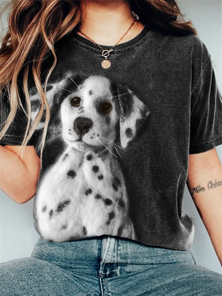 

LOVELY DOG PATTERN VINTAGE WOMEN SUMMER O NECK SHORT SLEEVED T SHIRT