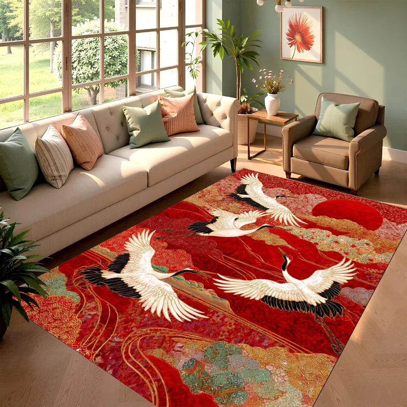 Red Crane Swirl Area Rug Traditional Japanese Ukiyo-e Inspired Pattern Stain Resistant Carpet for Living Room Bedroom Entryway