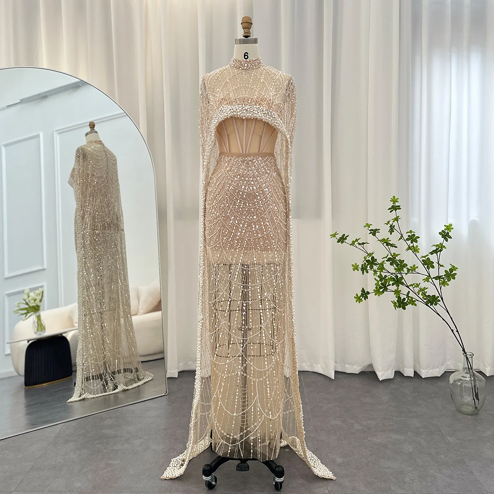 Sharon Said Luxus-Perlen Dubai Champagner Meerjungfrauen-Abendkleider mit Cape-Ärmeln Arabisches Hochzeits- und Abschlussballkleid SS369 Maßanfertigung – Detail 13