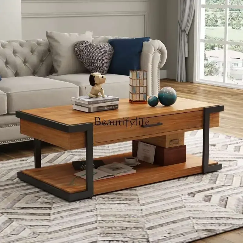 

LJYAmerican country solid wood wrought iron coffee table small square cabinet living room sofa side table