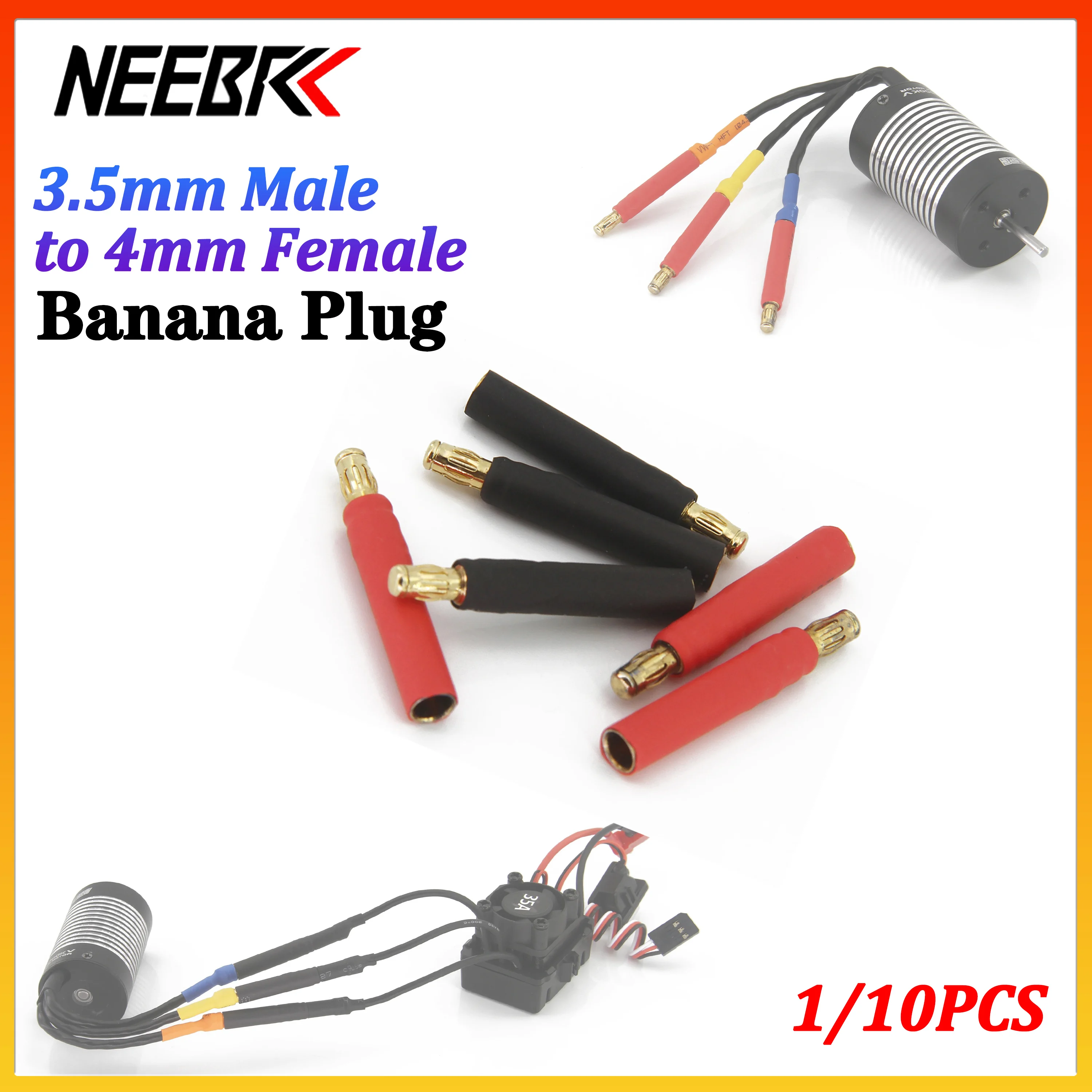 NEEBRC 3.5mm Bullet Male To 4mm Female Banana Plug Adapter Connector Solderless Side Stackable for RC Car Brushless Motor ESC