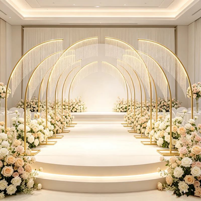 2‑Piece Wedding Aisle Arch Decoration Set, Gold & White Beaded Flower Stand, Background Display Rack for Hall Stage Aisle Party - view 3