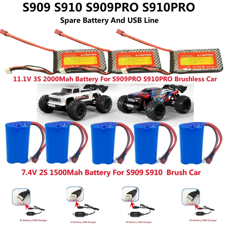 S909 PRO Car Battery S909 S910 S909PRO S910PRO Remote Control RC Car Spare Parts 7.4V 2S 1500Mah 11.1V 3S 2000Mah Battery/USB To