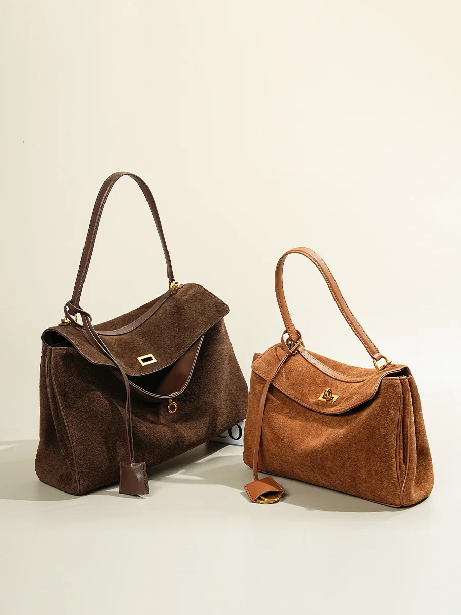 Large Capacity Frosted Cowhide Tote Bag for Women, Autumn Winter High-Grade Shoulder Handbag