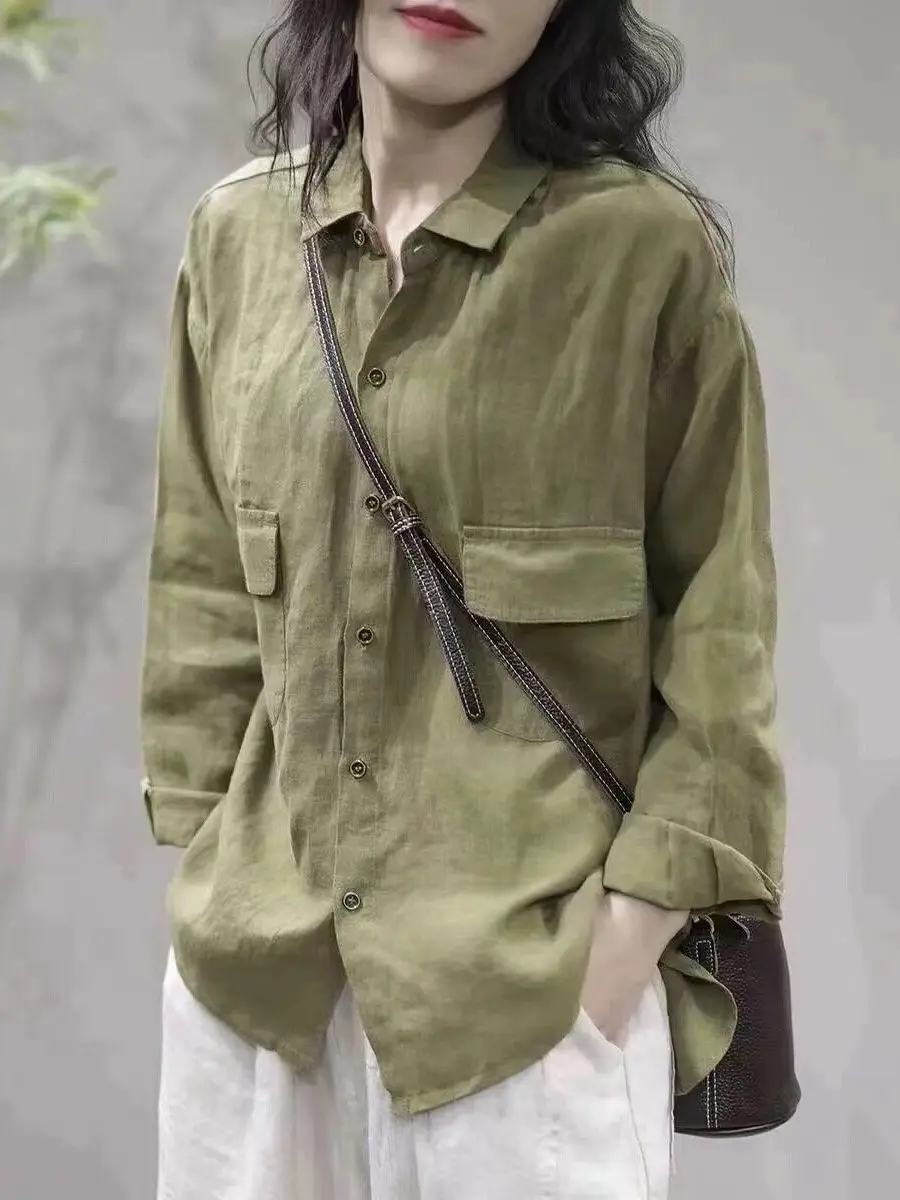 

Retro Japanese Sle Women's Collar Cotton Linen irt Loose Casual Versatile Workwear Double ket Linen Top