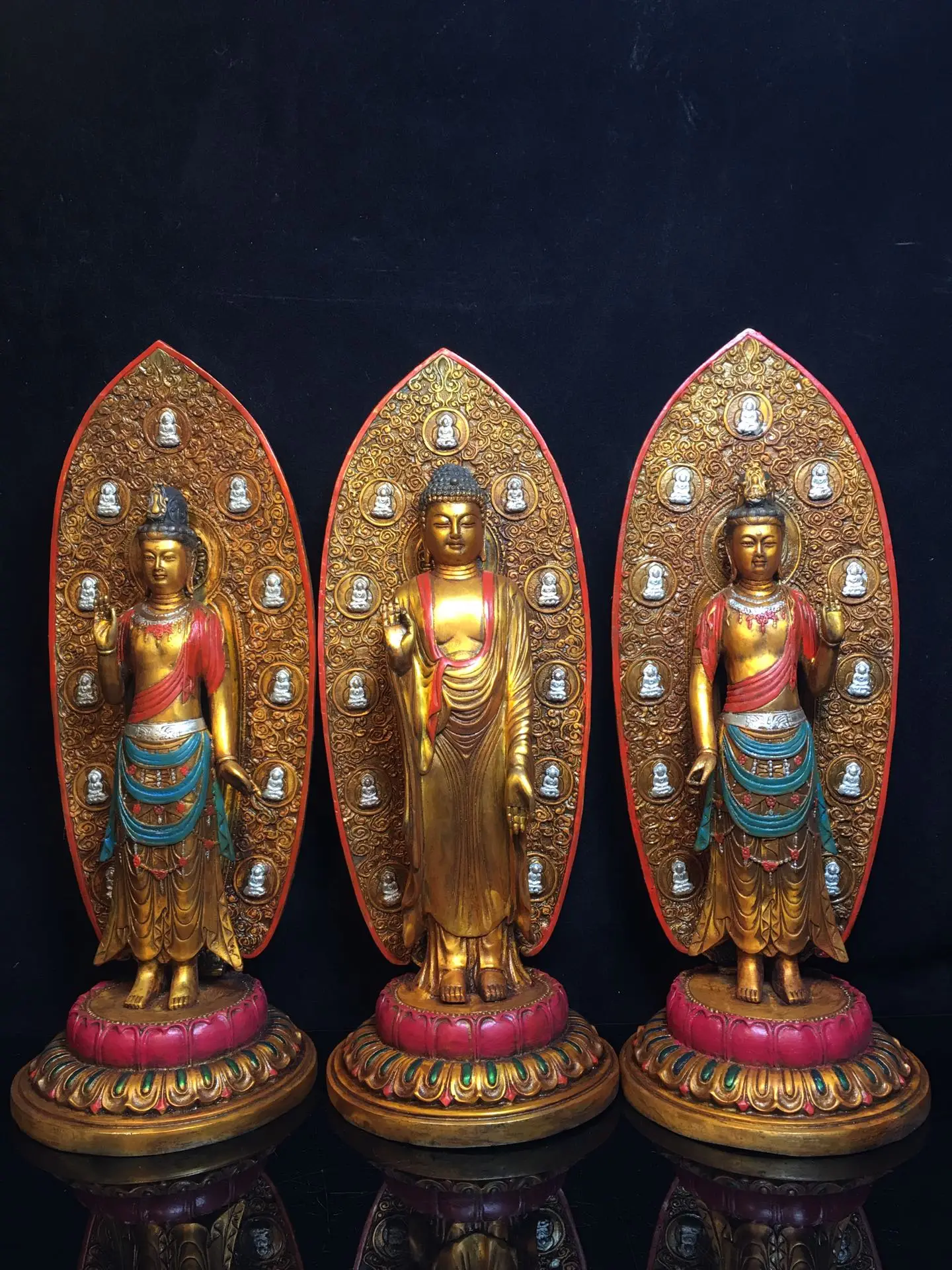 

16"Tibetan Temple Collection Old Bronze Painted Western Three Holy Buddhas Shakyamuni Guanyin Backlight lotus platform set