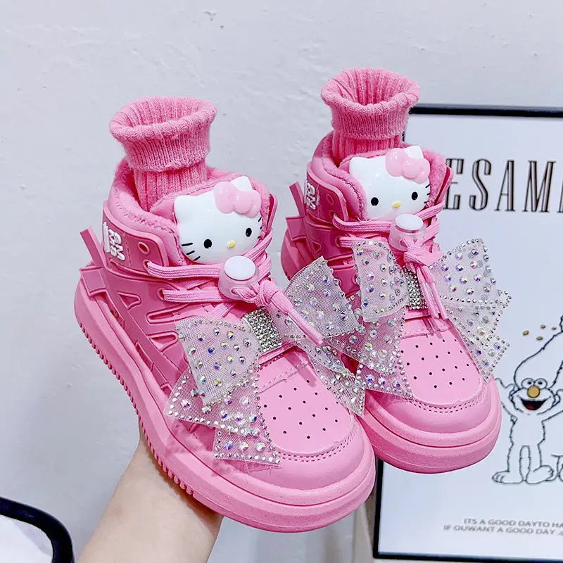 Hello Kitty Cartoon Girls Sneakers Kawaii Sanrio Autumn and Winter New Fashion Children\'s Soft Sole High Top Board Shoes Gifts