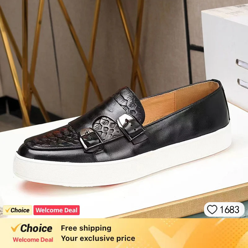 New Style Crocodile Print Double Buckle Decoration Men's Loafer Leather Shoes Round Toe Men Comfortable Slip On Single Shoes