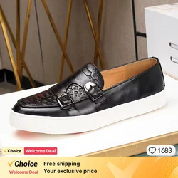 Men's Casual Leather Shoes Genuine Leather Handmade Metal Buckle Men Shoes Lace Up Non-Slip Flat Shoes Banquet Party Men's Shoes