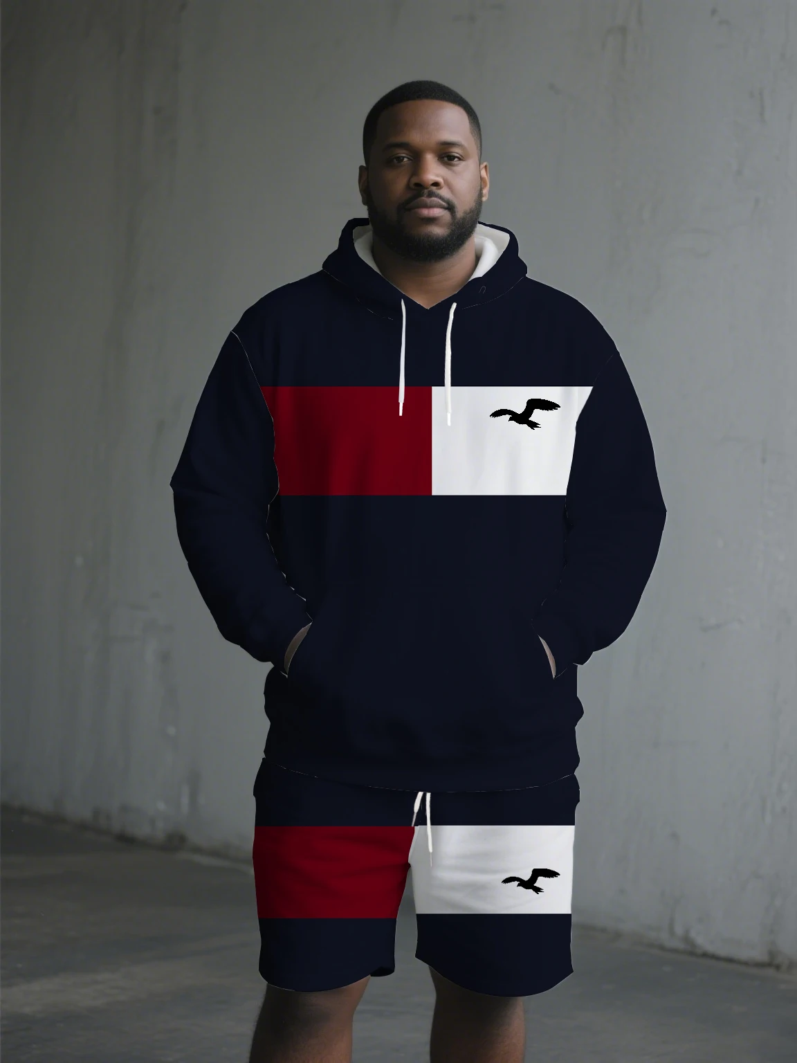 

2025 Trendy Oversized Hoodie & Shorts - Contrast Panels & Eagle Print, Street Style