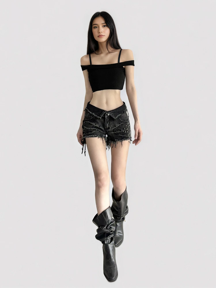 Funoff American Retro Black Low Waist Cuffed Denim Shorts Belted Slim Fit Hot Pants Casual Straight Leg Jeans Casual Shorts