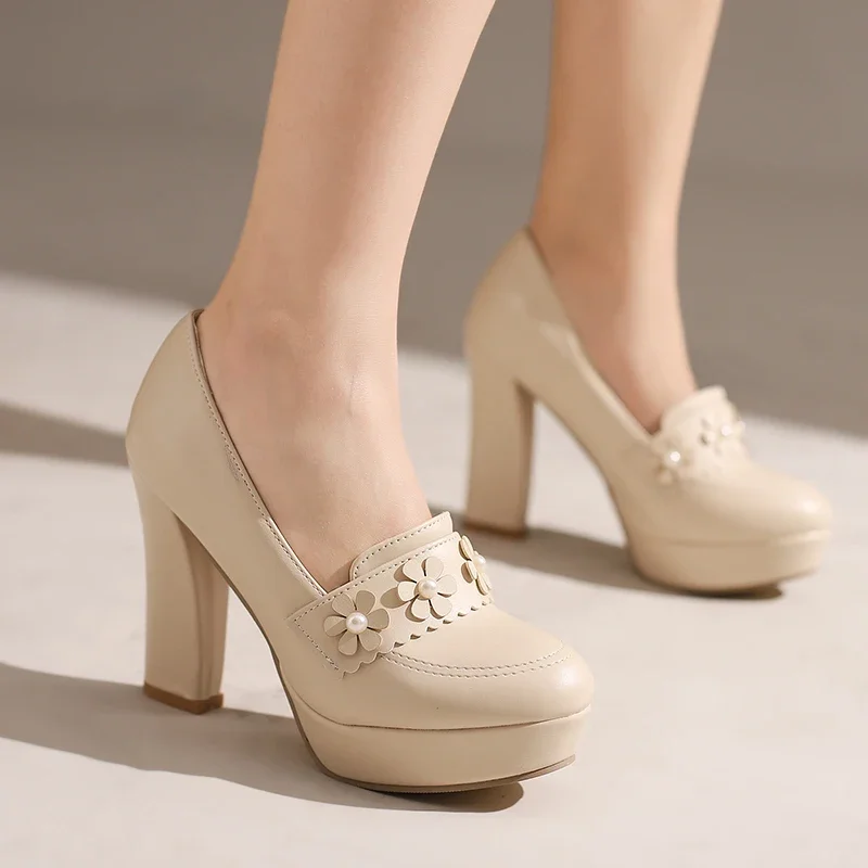 الحلو كاندي الألوان الانزلاق على الزهور اللؤلؤ الأميرة مضخات كتلة عالية الكعب 9 سنتيمتر المدرسة 2025 حفلة فتاة كبيرة أحذية الطفل 7 + y #4