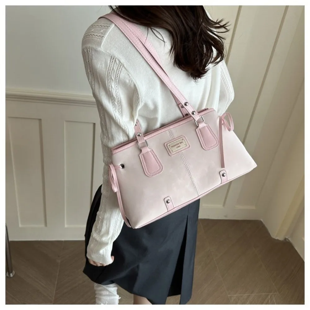 Minimalist Faux Leather Tote Bag Zip Top Structured Shoulder Bag Dual Handles Contrast Stitching Handbag Campus Use