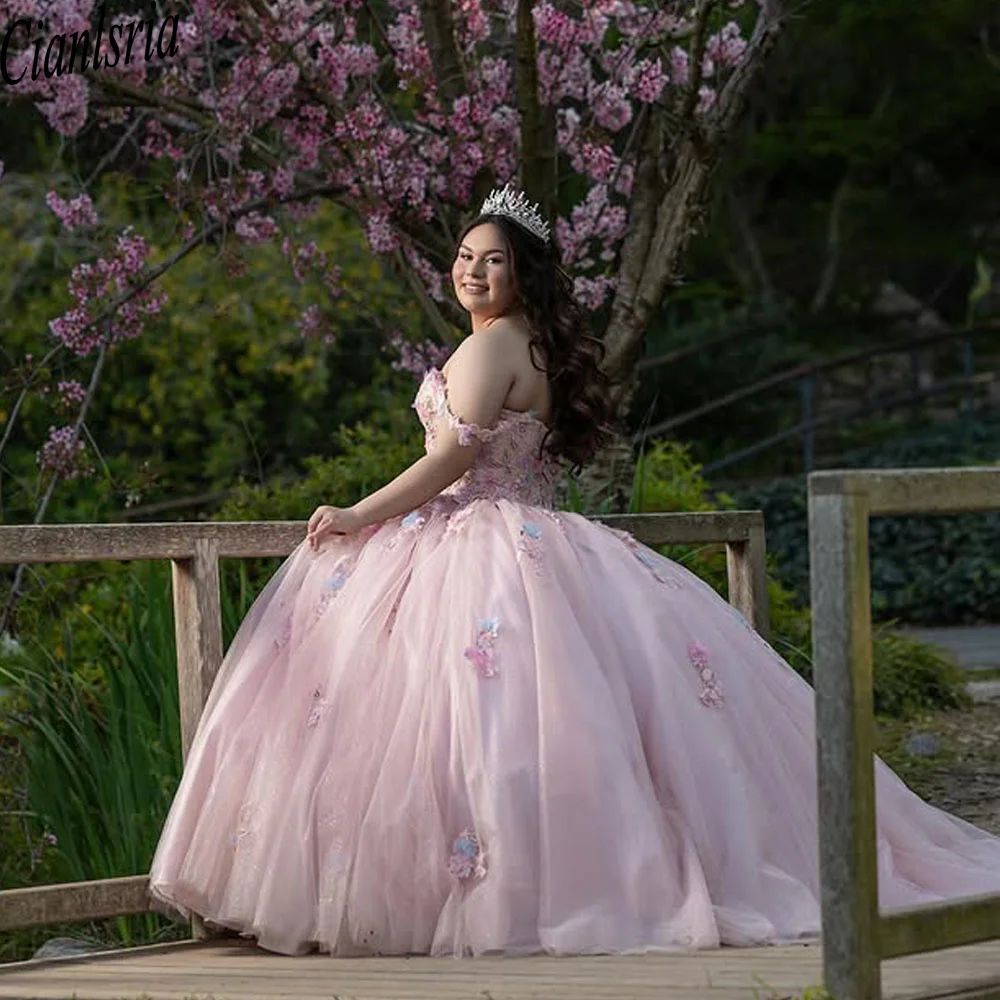 Pink Quinceanera Dresses Appliqued Lace Tulle Beaded Puffy Mexican Sweet 16 Dresses Charro 15 Anos Customized