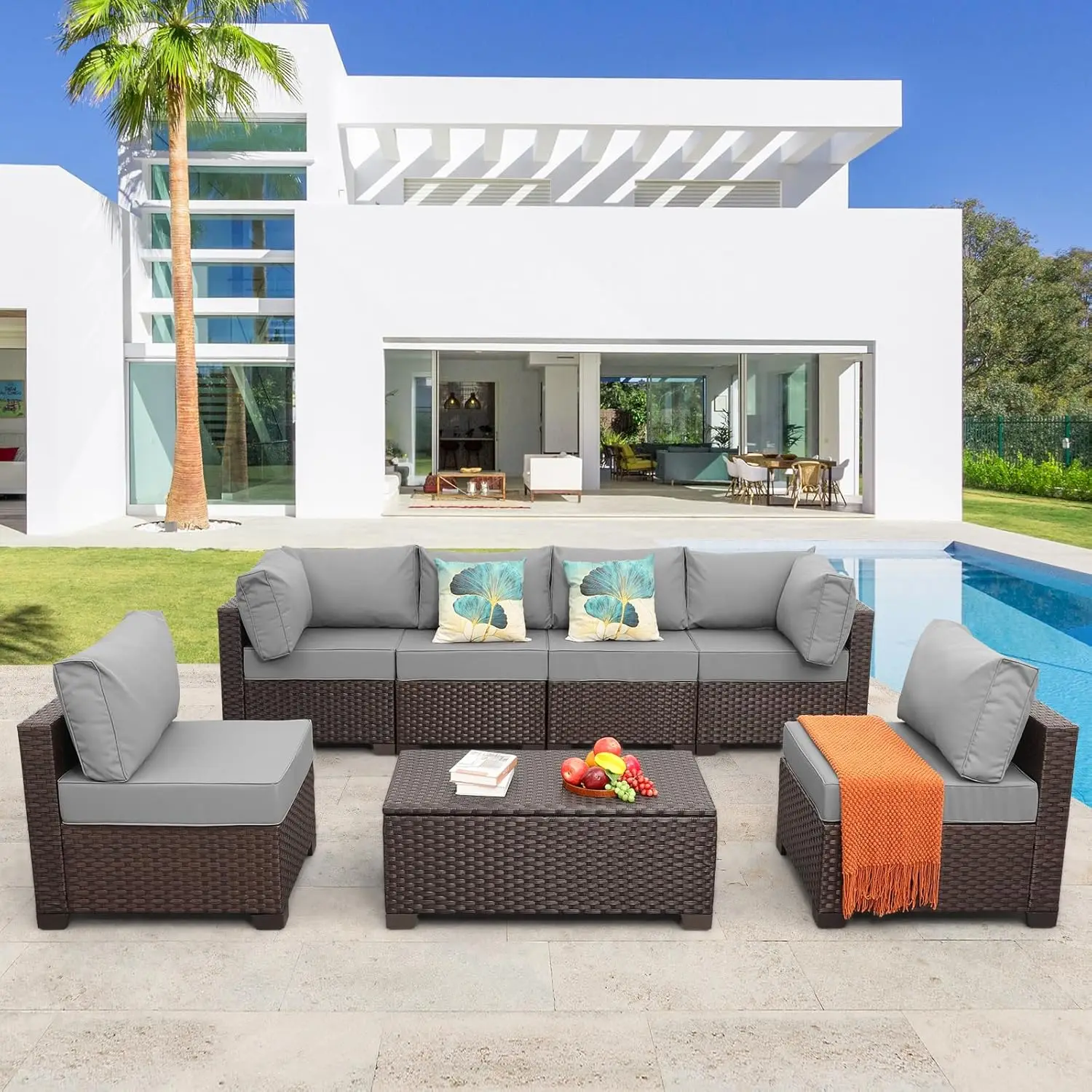 

7 Pieces Outdoor Wicker Furniture Conversation Set Patio Furniture Sectional Sofa Couch Storage Table with Thicken Non Slip