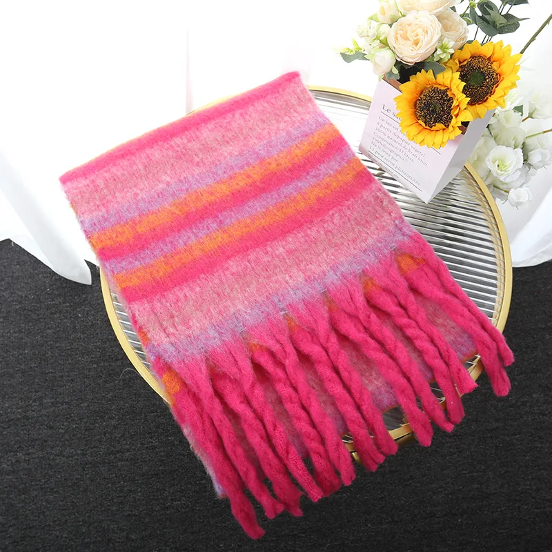 Winter Scarf for Women Cashmere Warm Striped Pashmina Blanket Wraps Female Thick Soft Wear Tassel Shawl Long Poncho T422