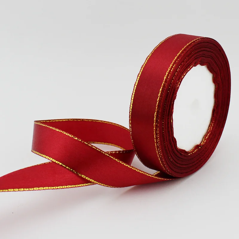 (25 Yards/roll) 20mm Single Satin Ribbon Gold Edge Wholesale High Quality Gift Packaging Handmade DIY Ribbon Roll