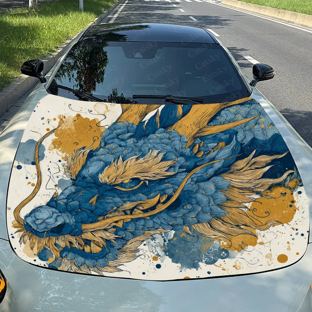 Oriental Blue Dragon Car Hood Sticker, Premium Vinyl Sticker For Automotive Exterior Customization, Durable PVC Vinyl Wrap
