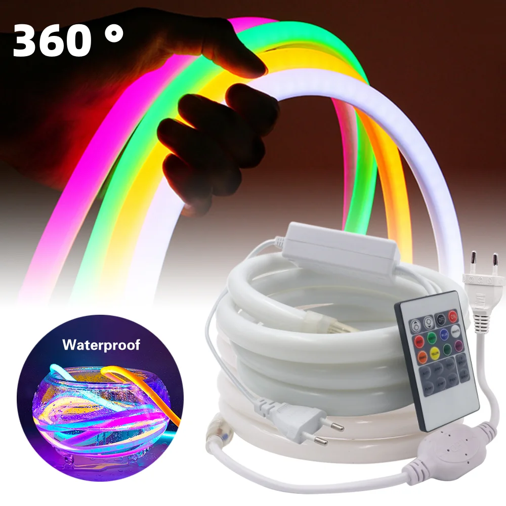 220V Neon Light Sign LED Strip 360 Round Tube Lamp 20M IP67 Waterproof Flexible Rope String Home Decoration RGB Cold Warm White