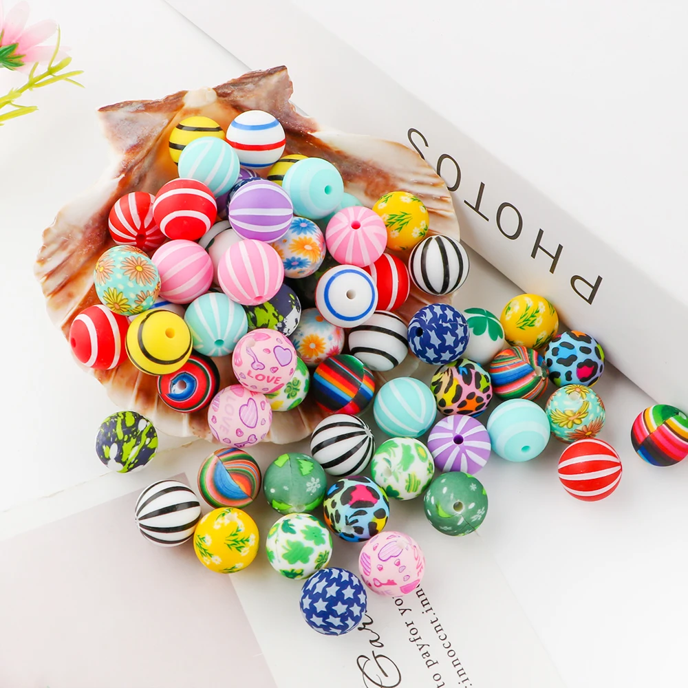 

10/20Pcs 15mm Christmas print Silicone Printed Beads Round Beads For Jewelry Making DIY Keychain Necklace Bracelet Accessories