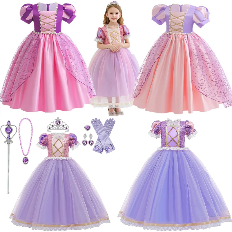 

Girls Purple Short Sleeve Sequin Princess Dress With Crown Accessories Outfit For Carnival Birthday Parties Halloween Gown