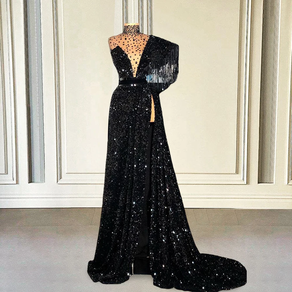 Black Sequin Evening Dresses Long Luxury One Shouler Beads High Slit Dubai Prom Paryty Gown for Special Occasions Customized