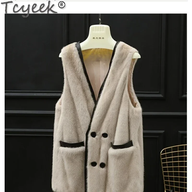 Tcyeek Natural Mink Fur Vest 2023 Fashion Real Fur Coat Women Winter Women's Sleeveless Jacket Mid-long Vest Clothing Female