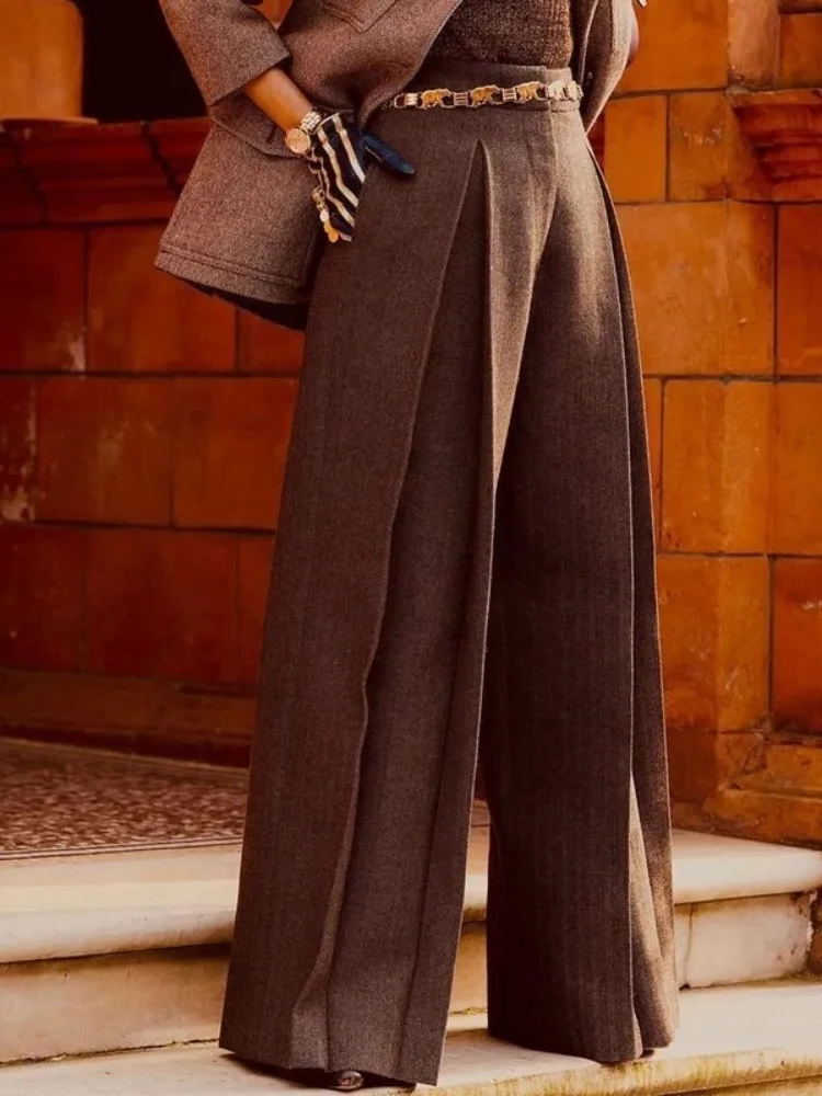 Beautyblue Pleated High Waisted Pants Women's Solid Color Trousers 2025 Loose Pockets Wide Leg Full-length Pant Female Bottoms