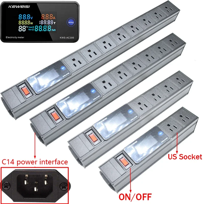 Power Strip With Switch LCD Digital Ampermeter Voltmeter Ammeter 2/3/4/5/6/7/8/9/10Ways US Socket Outlets C14 interface