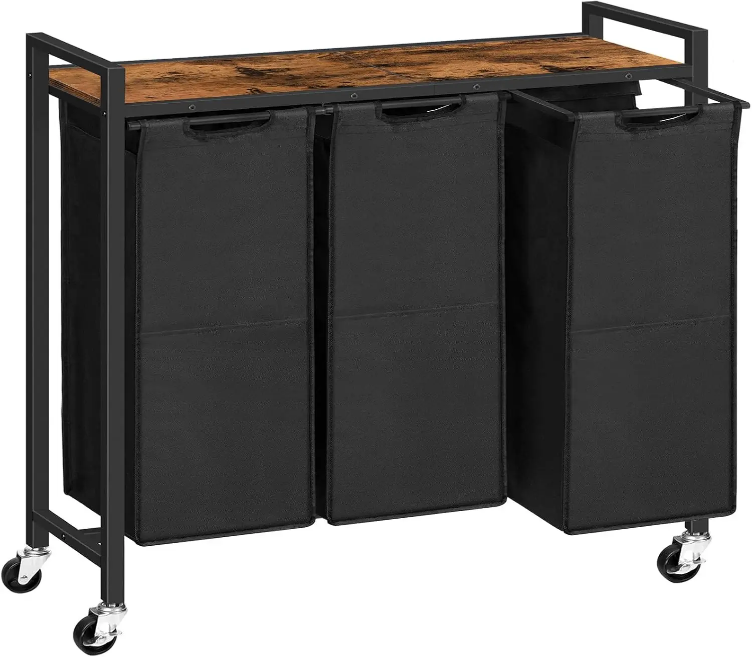 

3-Section Rolling Laundry Hamper with Wheels, Removable Bags, Rustic Brown and Black - Easy Transport and Storage