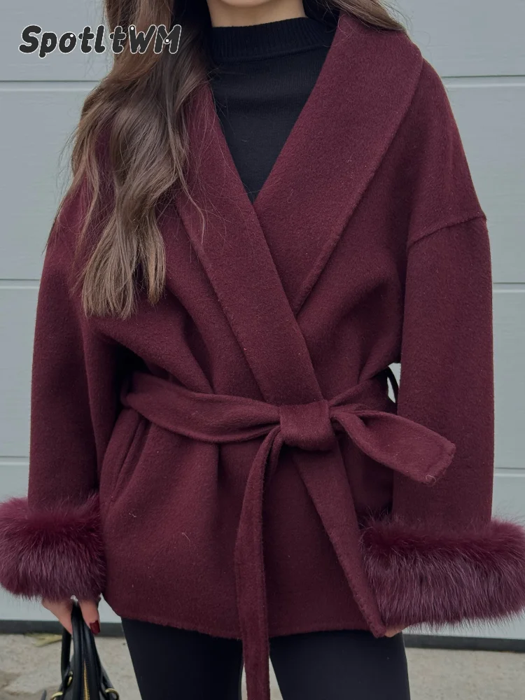 Women's Wool Blend Wine Red Lace Up Coat Fashion Lapel Belt Long Sleeve Faux Fur Female Spring Jacket 2025 Lady Street Outerwear